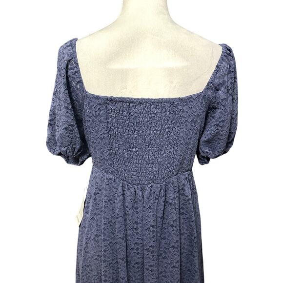 NSR Soft Lace Dress Hi-Low Hemline Puff Sleeves Fully Lined Navy Blue Medium NWT - Picture 5 of 9